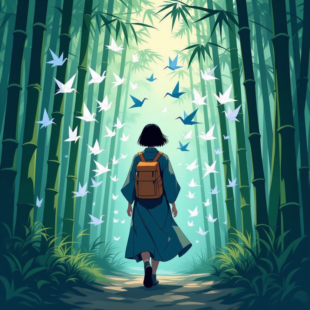 Woman Dissolving into Origami Cranes in Bamboo Forest