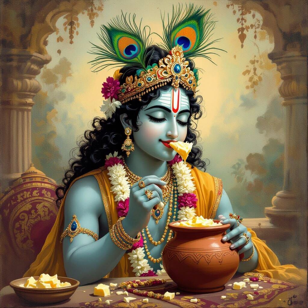 Krishna Drinks Butter in Dreamy Indian Art Style