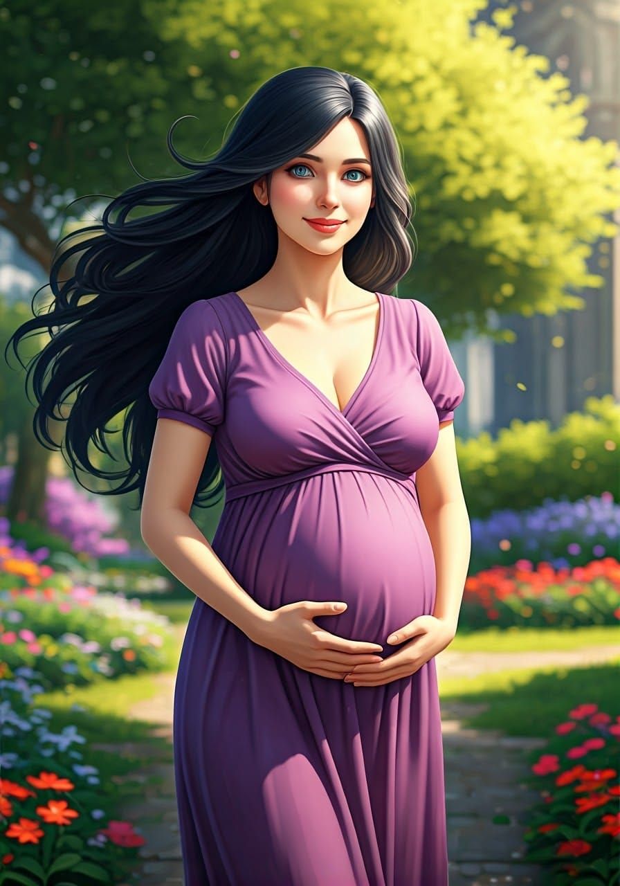 Serene Anime-Inspired Mother-to-Be Strolls Through Lush Park