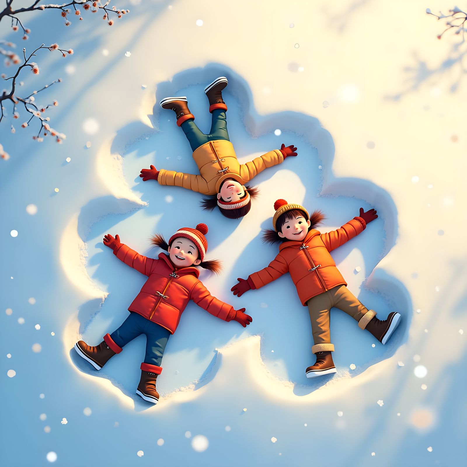 Children Making Snow Angels in a Winter Wonderland Scene