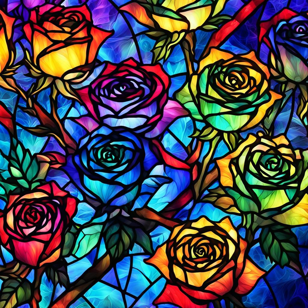 Rainbow Roses in Stained Glass Anime Art