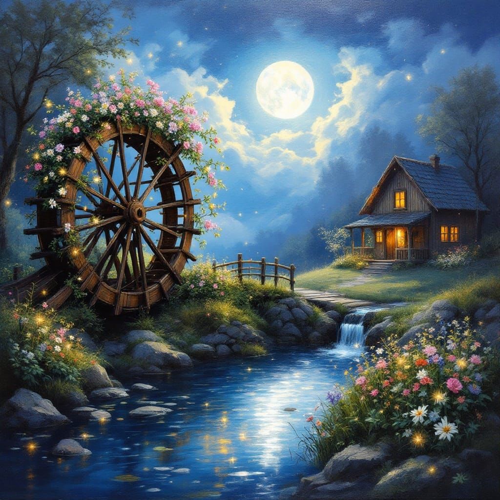 Dreamy Waterwheel Scene in a Moonlit Idyll