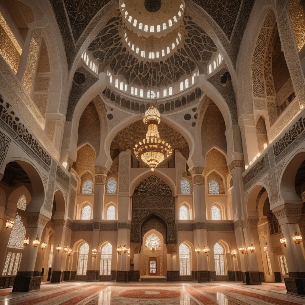 Majestic Mosque Interior with Islamic Emblem in Blue and Gol...