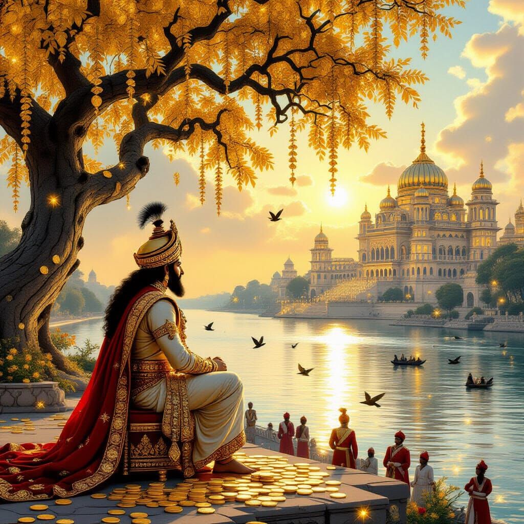 Majestic Golden Tree with Indian King in Raja Ravi Varma Sty...