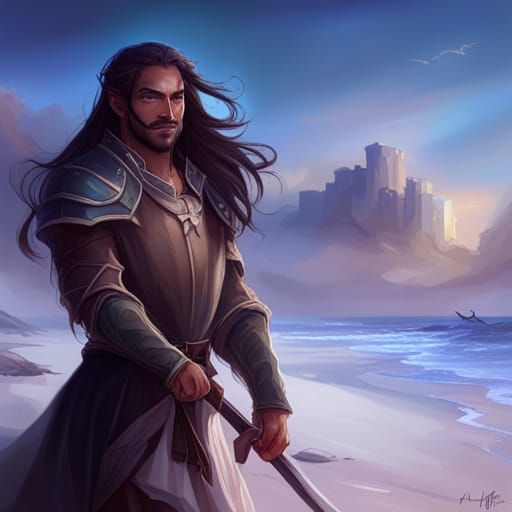 Kind Elf Man Portrait on Beach in Art Nouveau Style