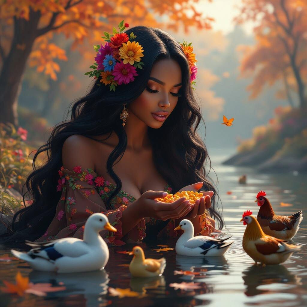 Black Woman Feeds Birds in Futuristic Autumn
