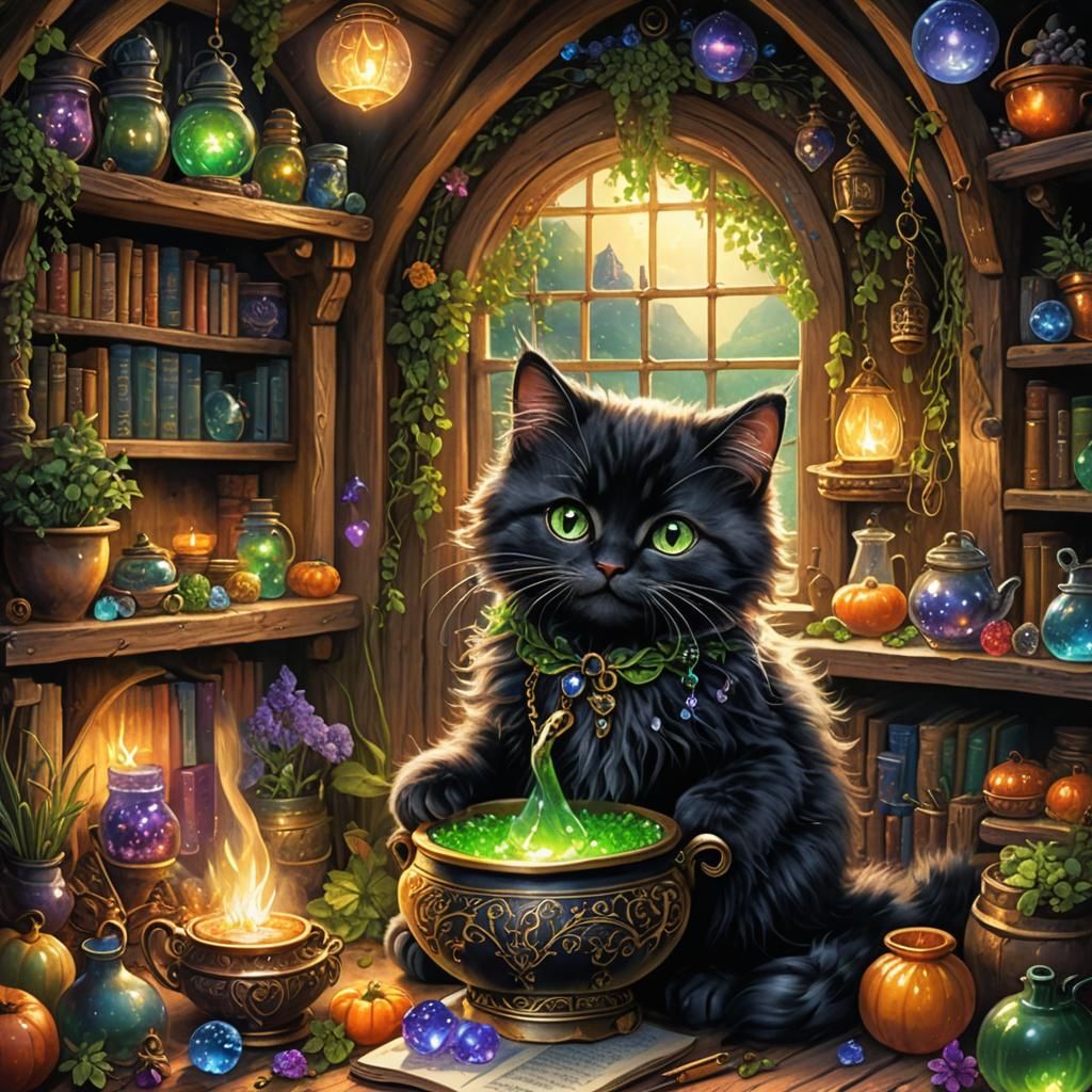 Charming Black Cat in Witch's Cottage, Watercolor