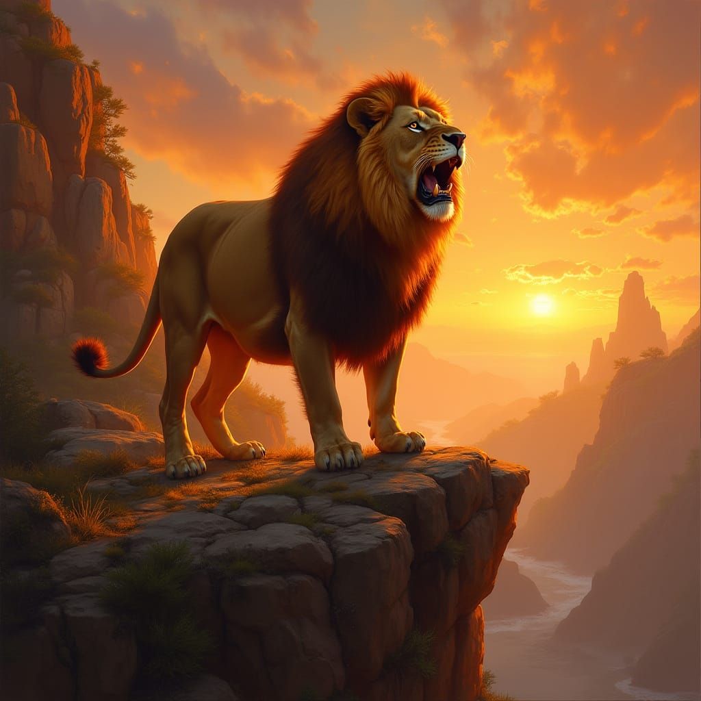 Surreal Lion in Classical Oil Painting Style with Fiery Mane...