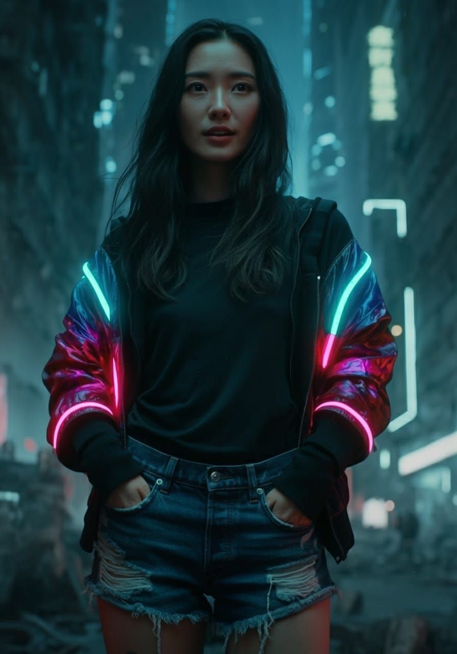 Cyberpunk Asian Woman in Neon Cityscape Portrait