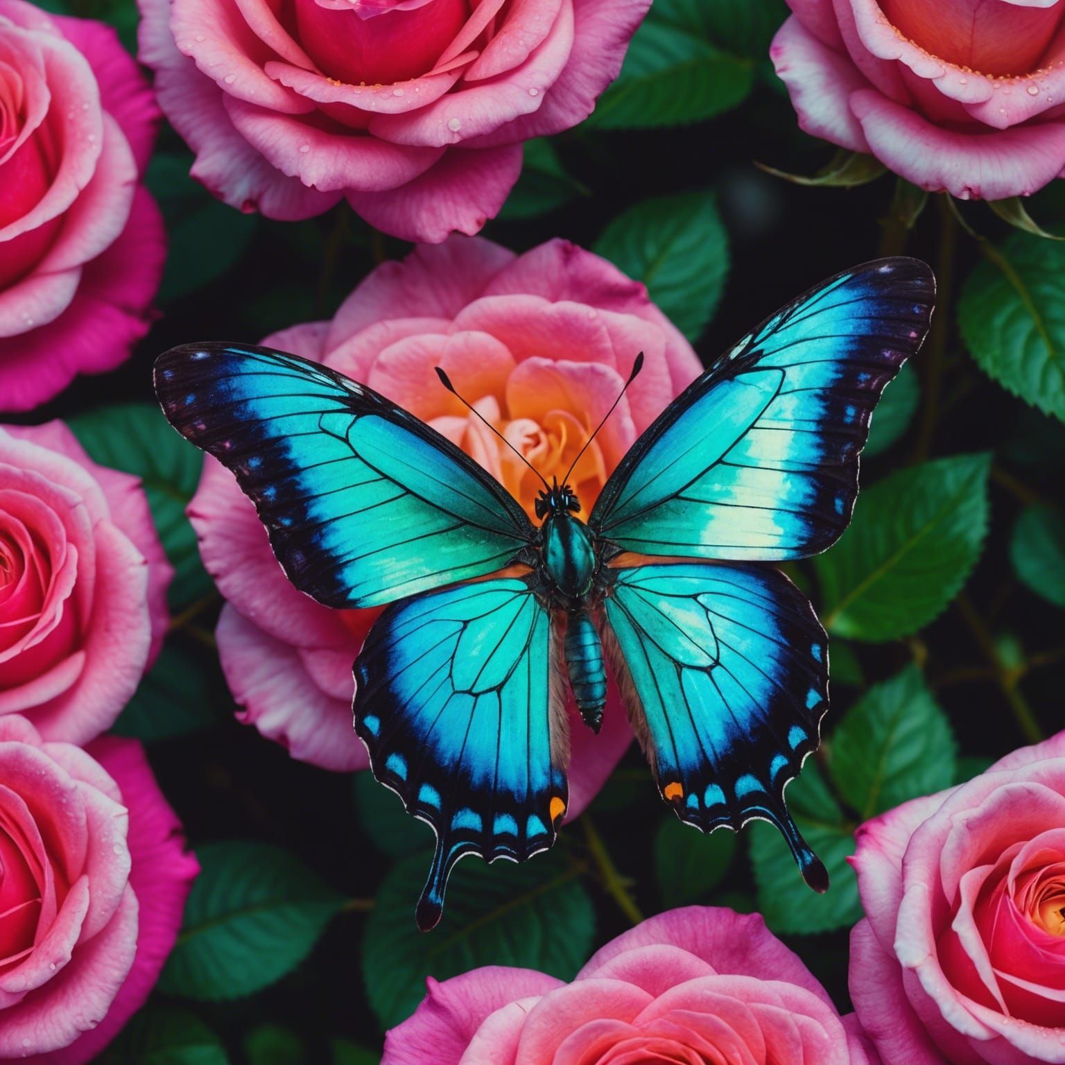 Iridescent Butterfly on Rose in Synthwave Neon Style