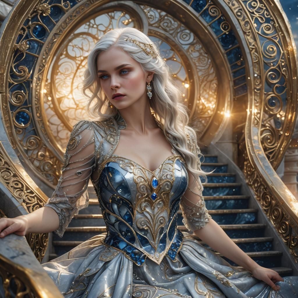 Silver-Haired Woman Descends Marble Stairs in Fantasy Art