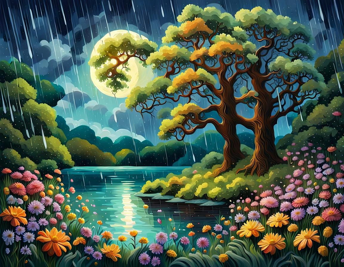 Rainy Forest Flowers in Gouache Impressionist Style