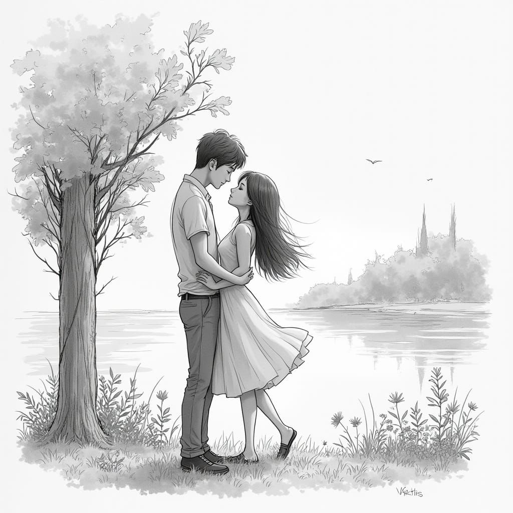 Romantic Embrace in Whimsical Pencil Sketch Style