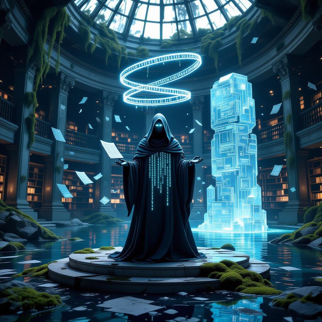 Holographic Scroll Keeper in Ancient Library