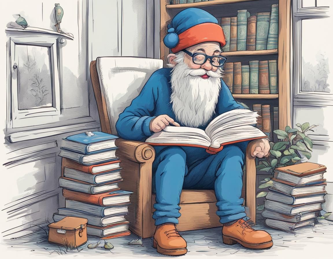 Cartoon Gnome Reading Book on Mushroom