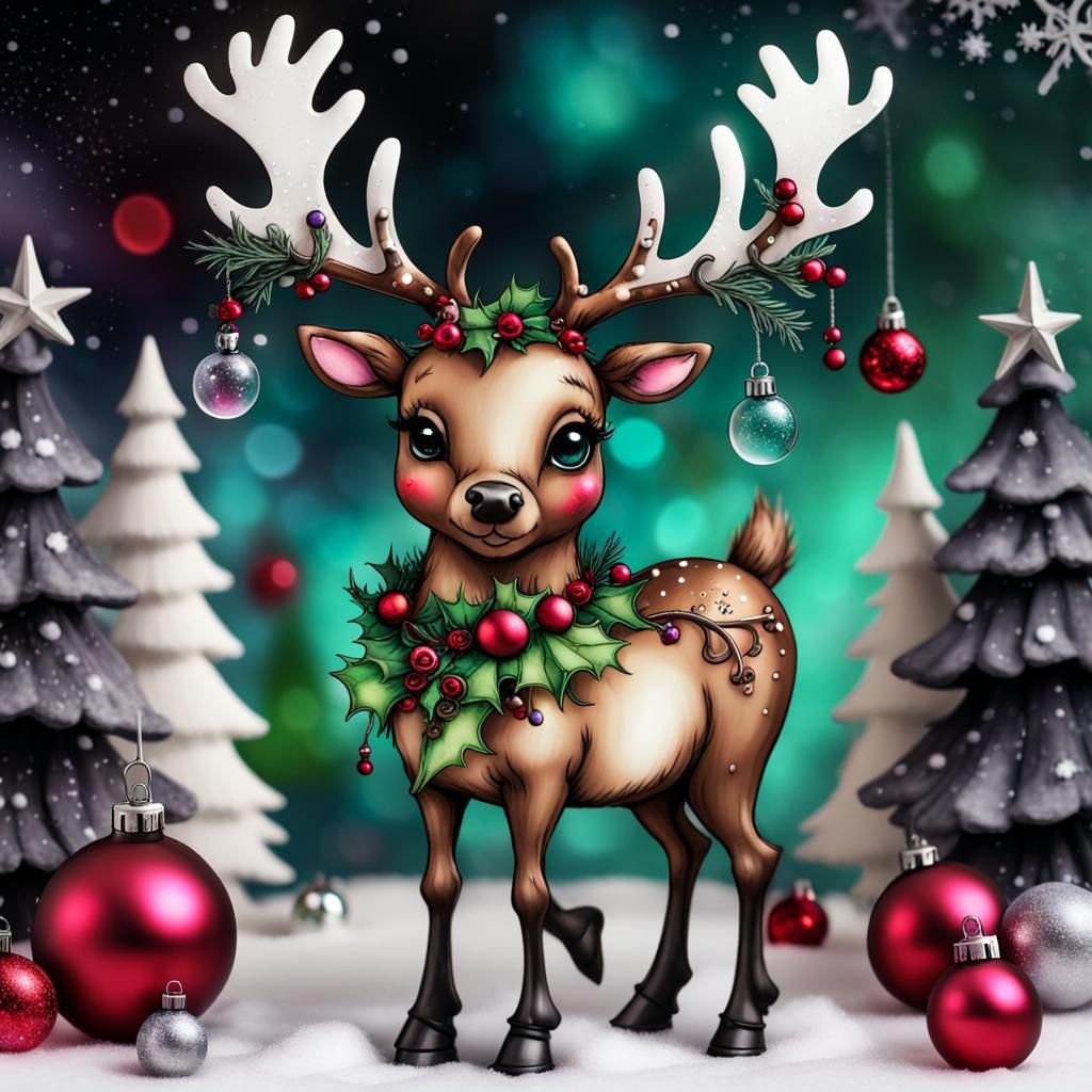 Whimsical Goth Reindeer Christmas Alcohol Ink Art