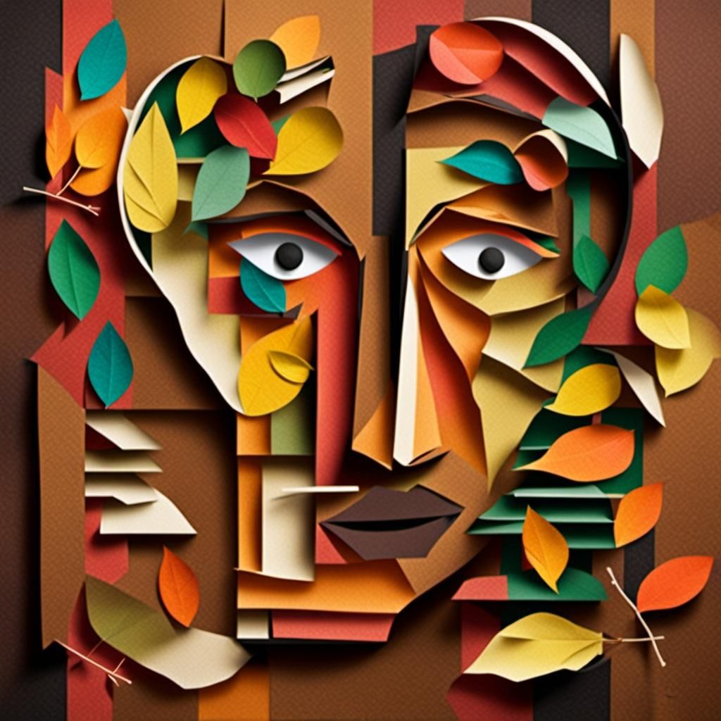Collage Face Made of Colored Paper and Leaves