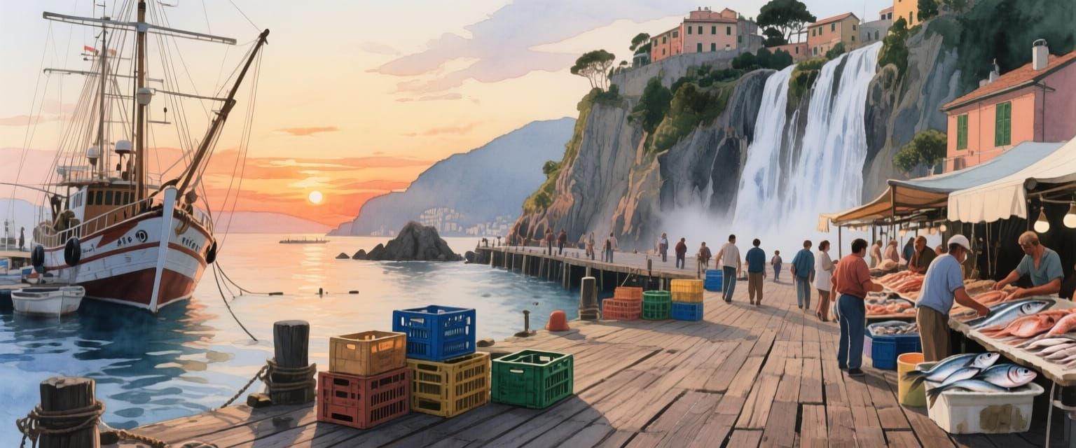 Italian Island Dock at Sunset in Watercolor Style