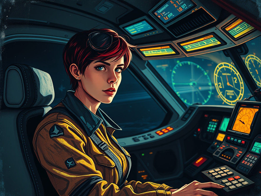 Woman Captain in Spaceship Cockpit, Retro Sci-Fi Art