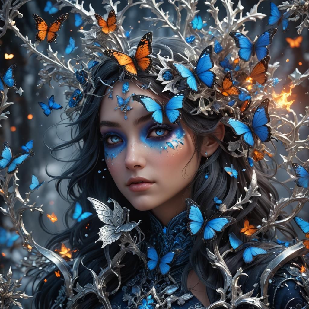 Blue Butterfly Kisses Snowflake in Silver Fire
