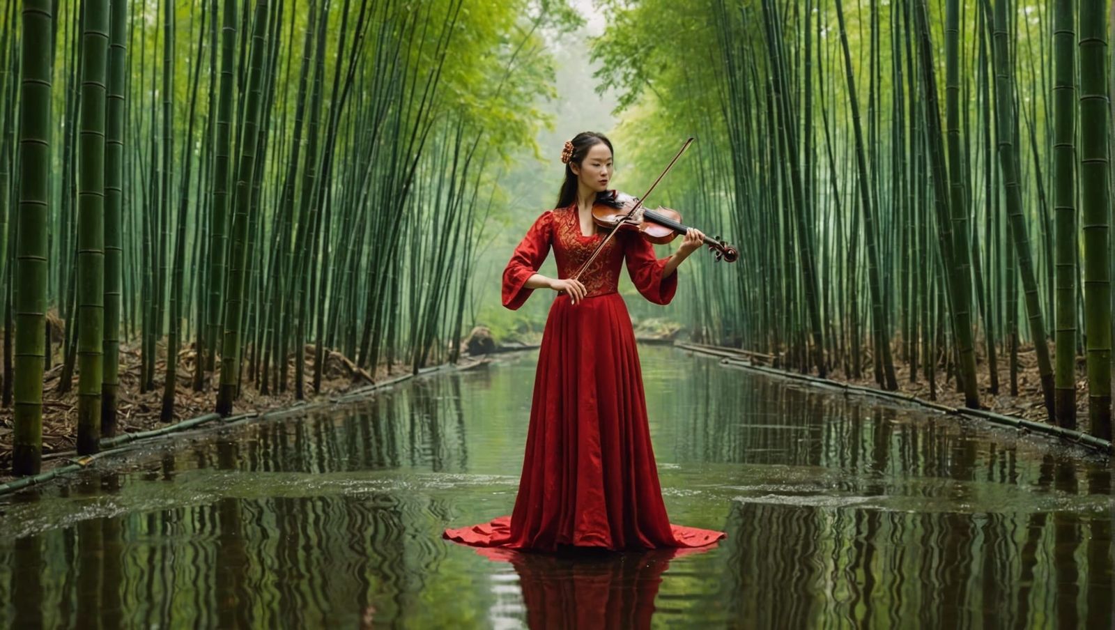 Rainy Bamboo Forest: Violinist in Red, Renaissance Style