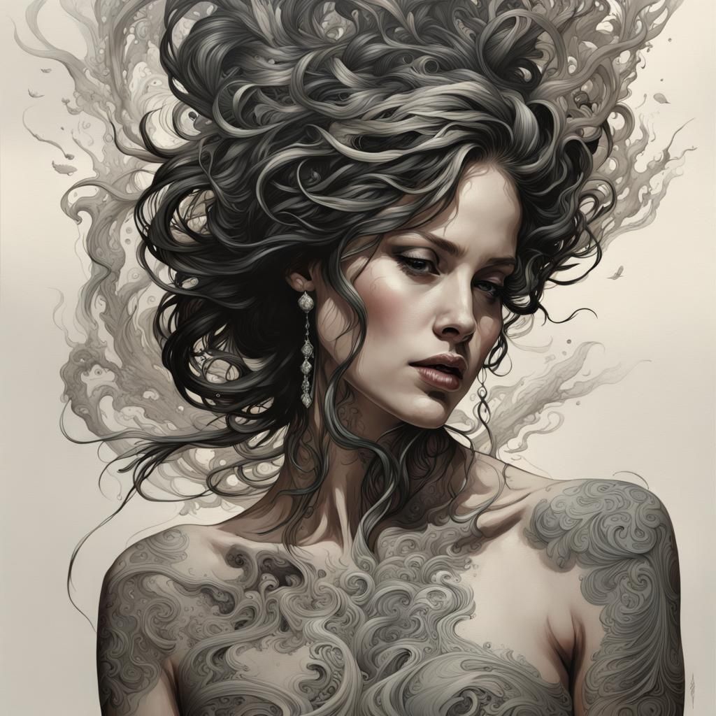 Tattooed Woman: Black Ink Gouache Photorealistic Portrait