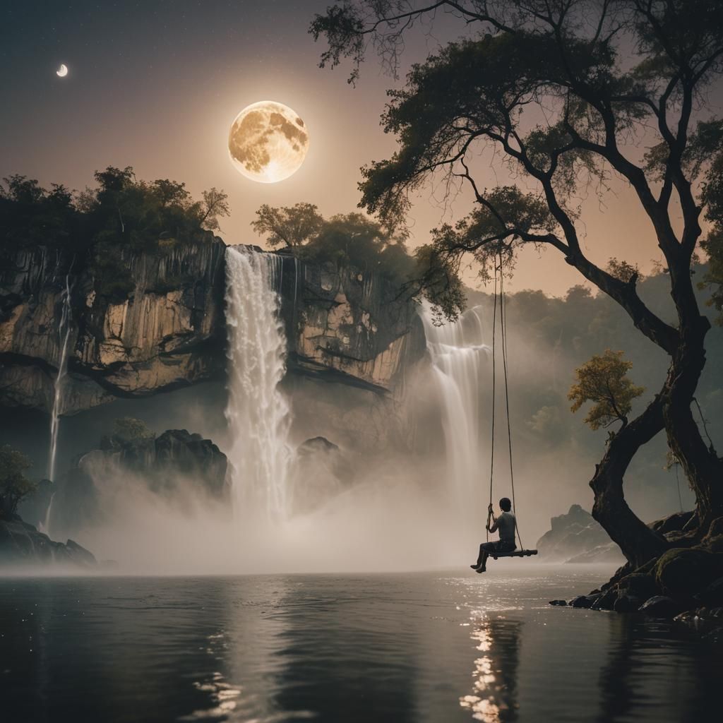 Dreamy Waterfall Swing Under Full Moon