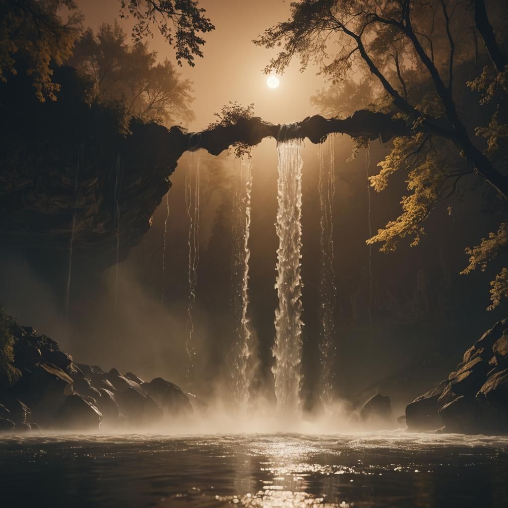 Cinematic Waterfall Swing Under Full Moon