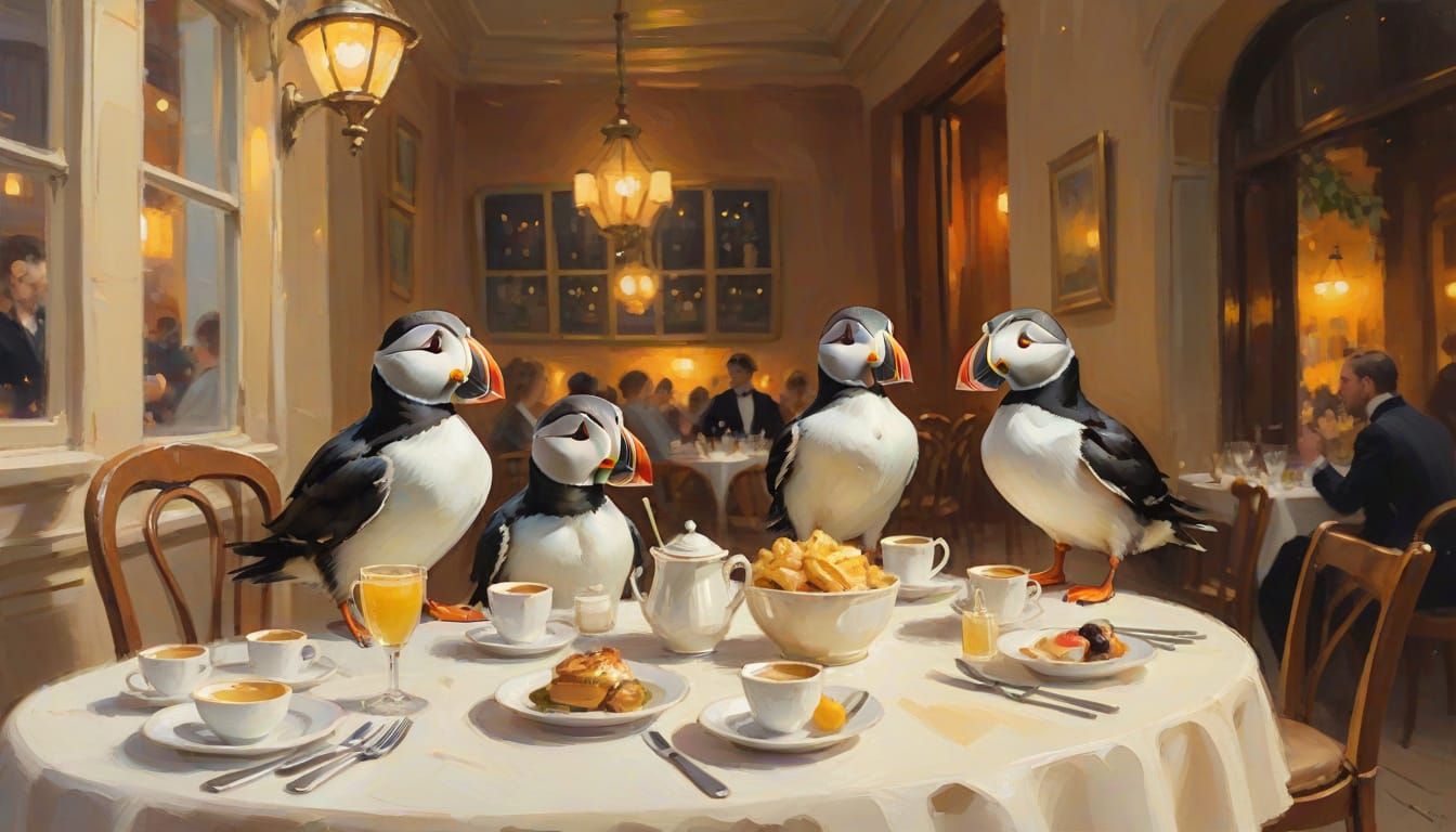 Puffin Waiters in French Cafe: Impressionist Painting