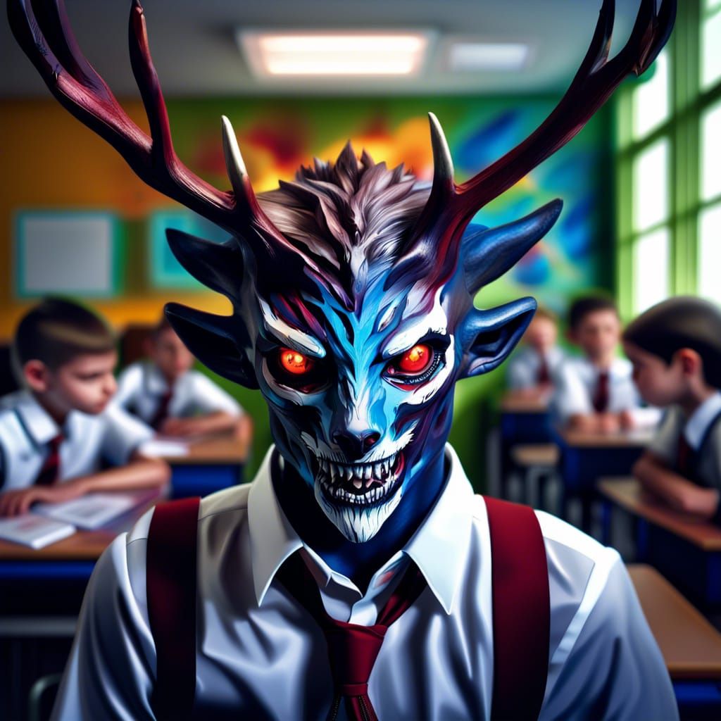 high class photography of a Wendigo with school’s uniform in a classroom Hyperrealistic, splash art, concept art, mid s...