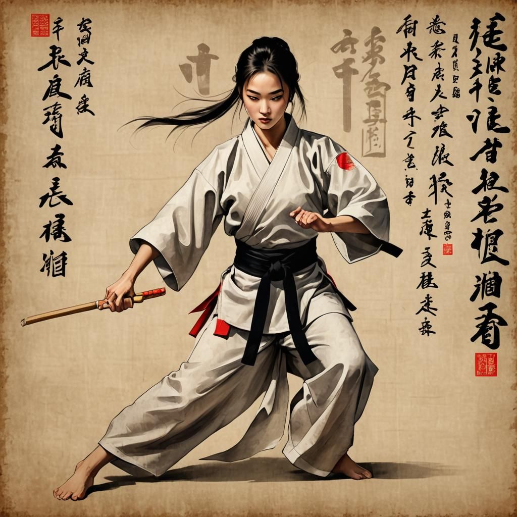 Martial Arts Girl on Ancient Scroll