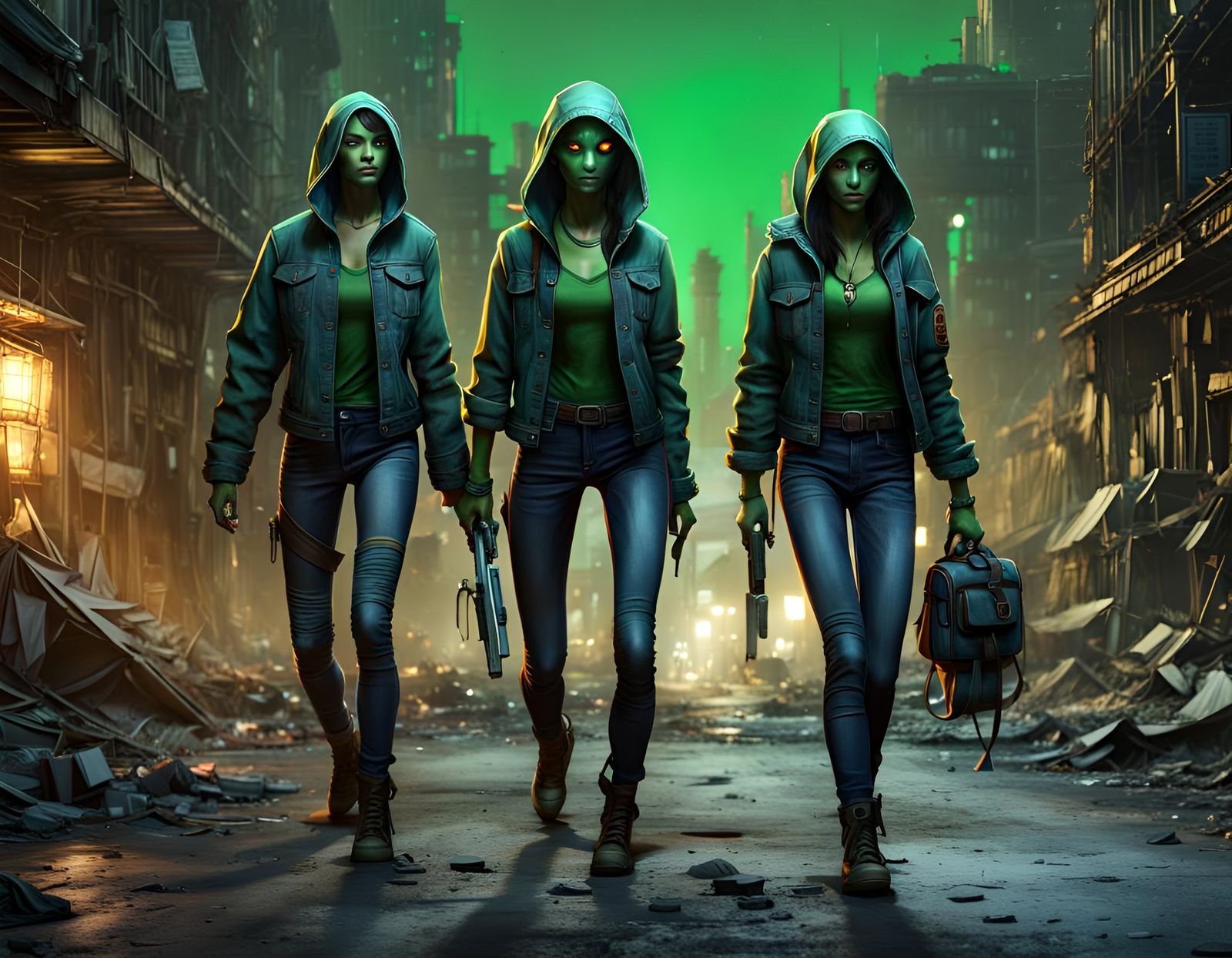 Alien Woman Walks Ruined City in Urban Fantasy Art