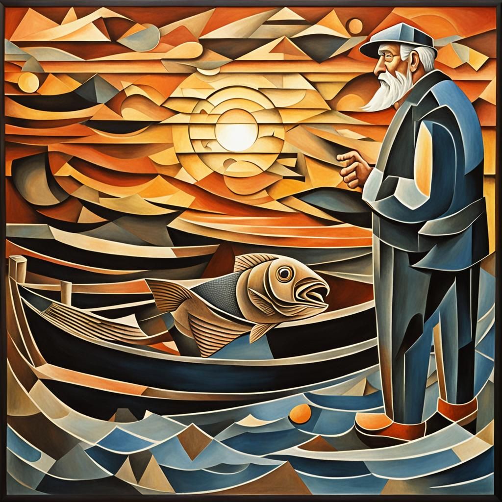Cubist Fisherman Battles Fish in Escher Reflection