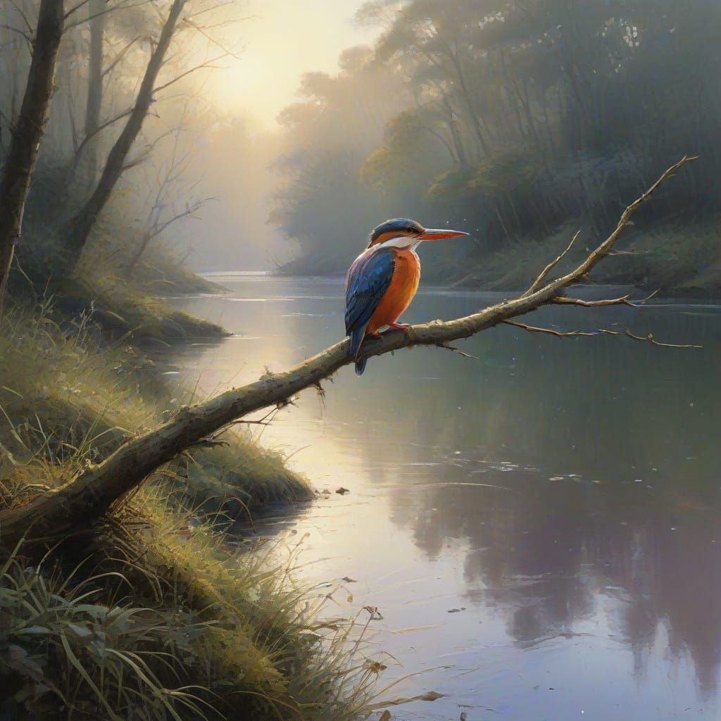 Crimson Kingfisher at Dawn in Misty River Landscape