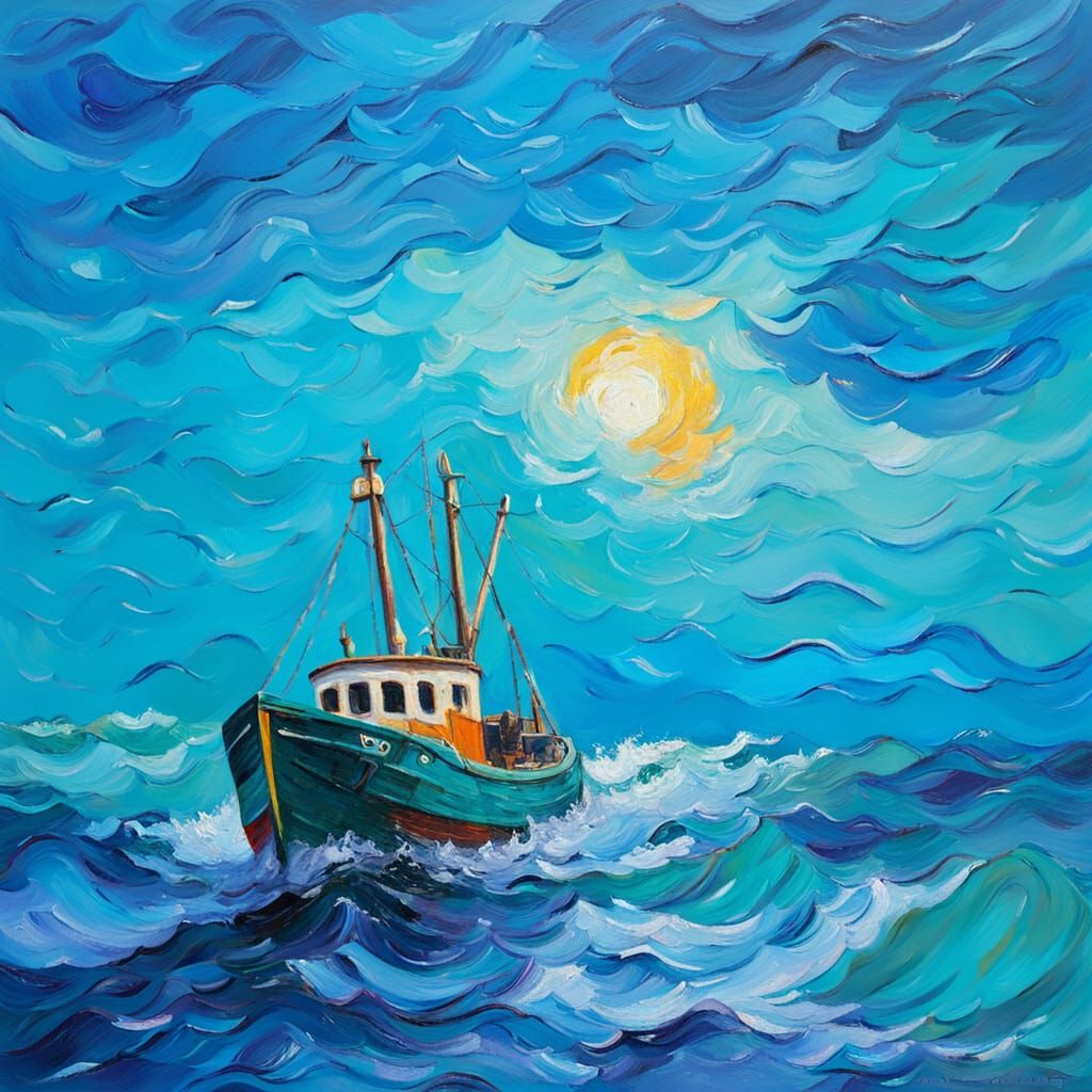 Fishing Trawler on Turquoise Waves as Impasto Painting