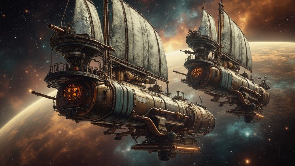 Steampunk Space Explorers in Solar Sail Powered Vessels