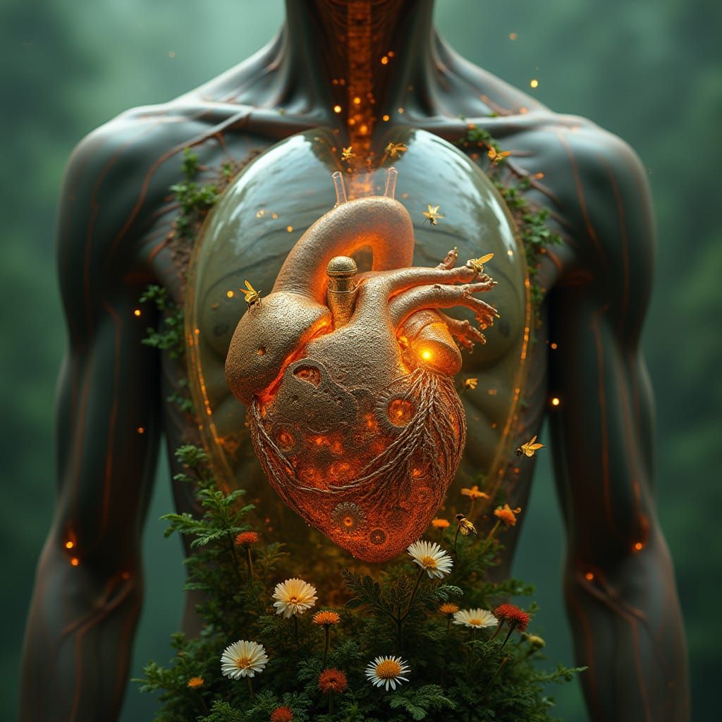 Biomechanical Heart with Chrome and Moss in Ethereal Light