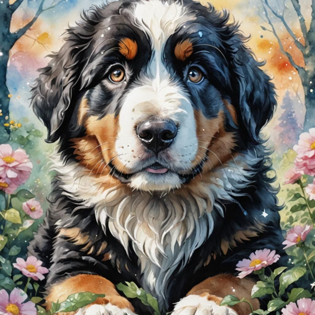 Adorable Anime Bernese Mountain Dog Puppy Watercolor