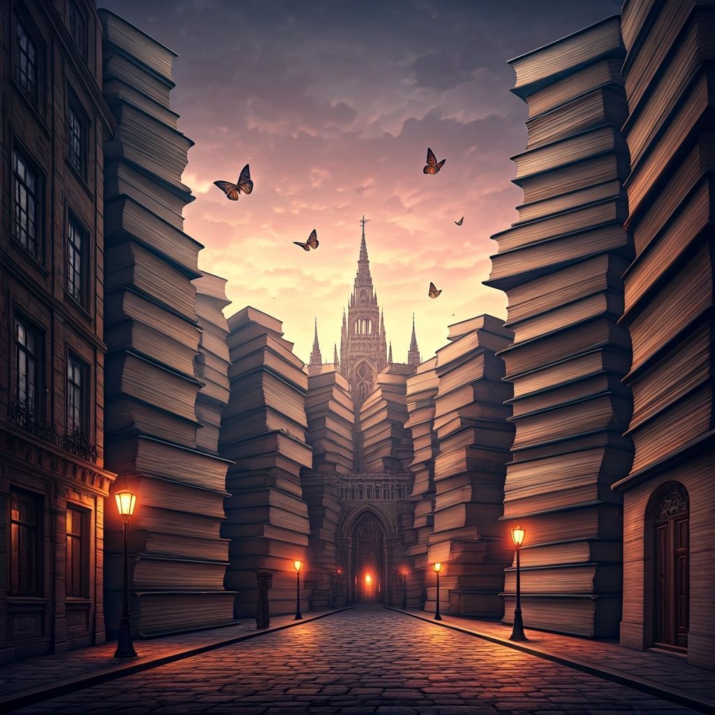 Surreal Book Cityscape with Butterfly Transport