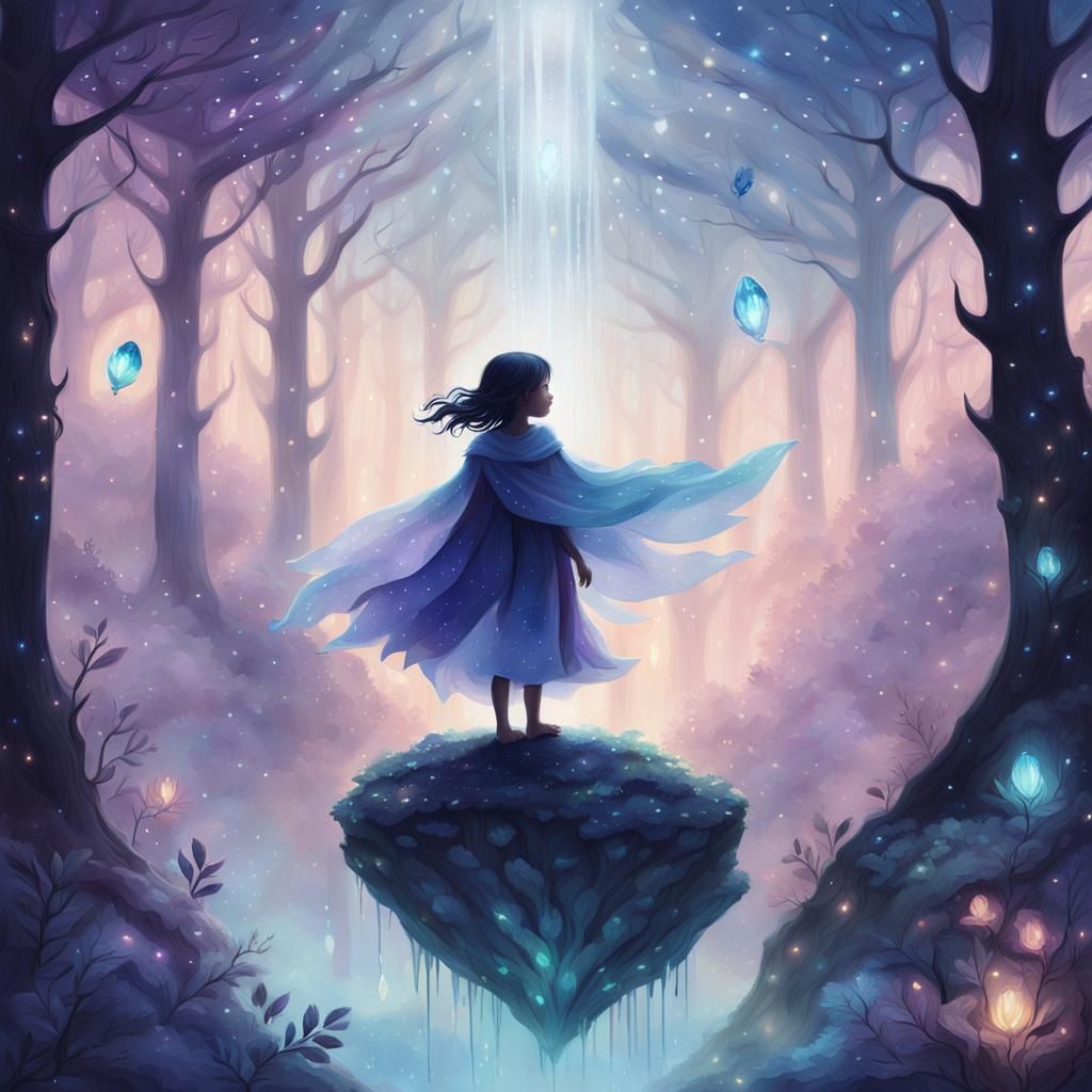 Mystical Indigo Child Floating in Forest Concept Art