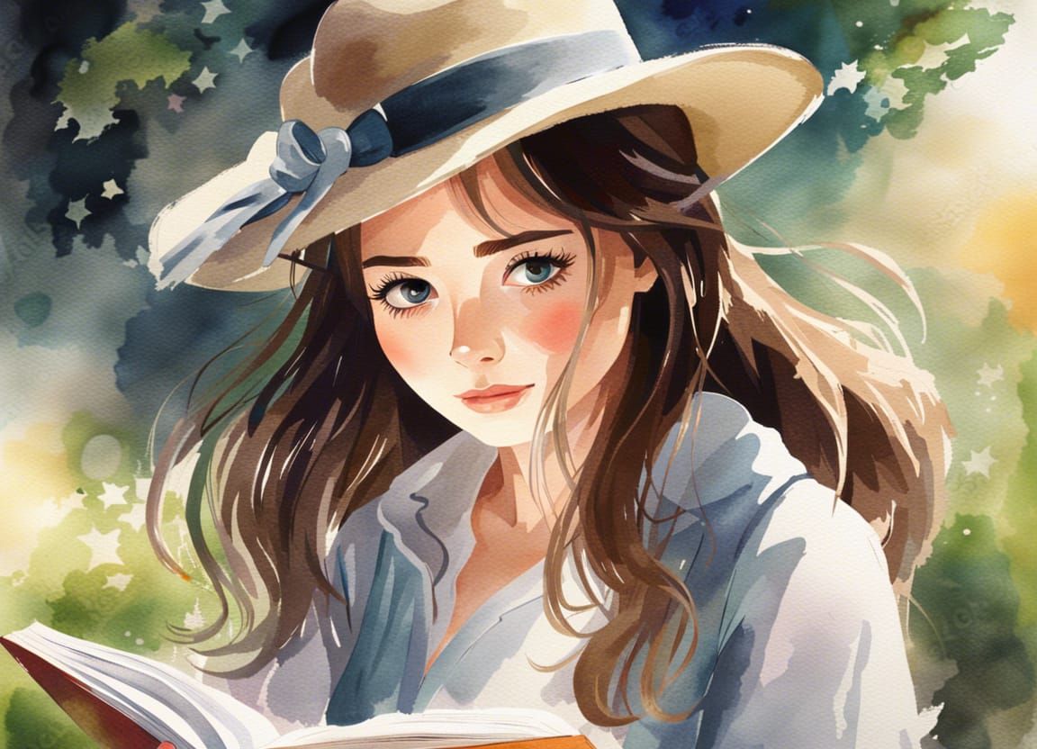 Girl Reading a Book in Impressionistic Watercolor Style