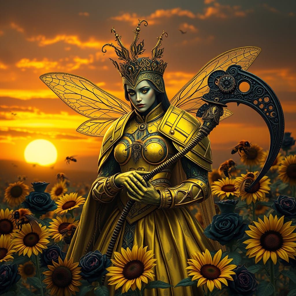 Luminous Bumblebee Queen in Gothic Armor, Amidst Whimsical S...