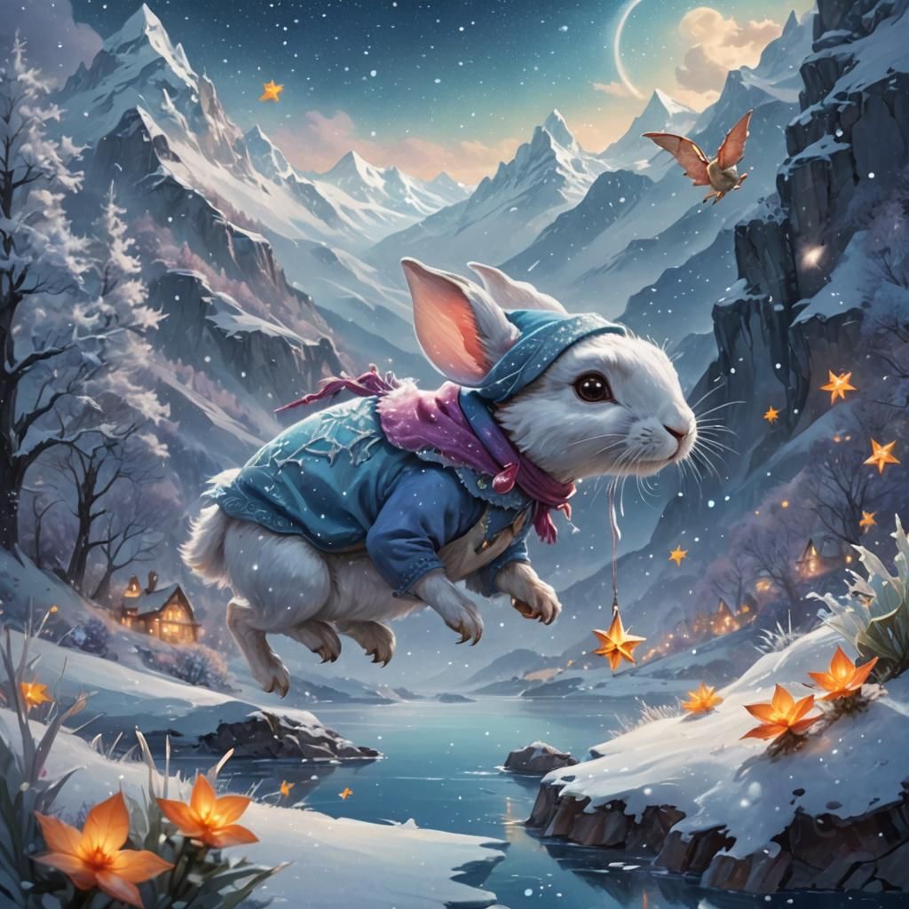 Elf and Rabbit in Winter Wonderland: Fantasy Art