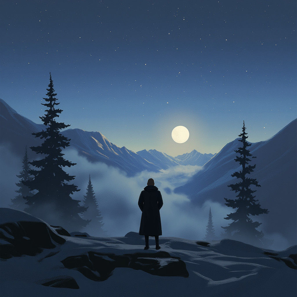 Contemplative Figure Gazing at Moonlit Mountainscape
