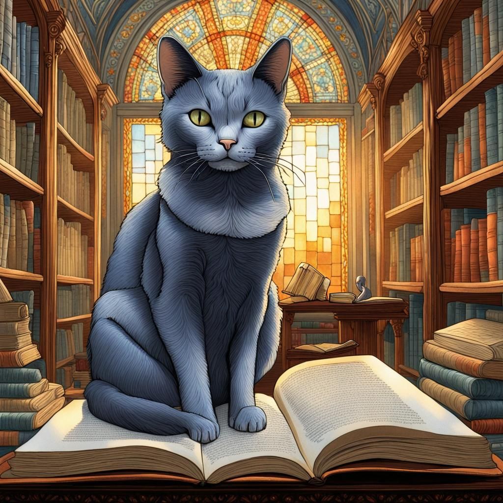 Winged Cat Reads in Magical Library