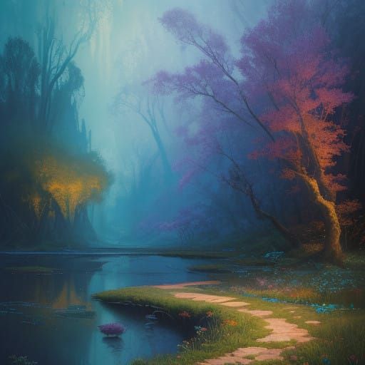 Dreamlike Fantasy Scene in Gouache Style with Impasto Layers...