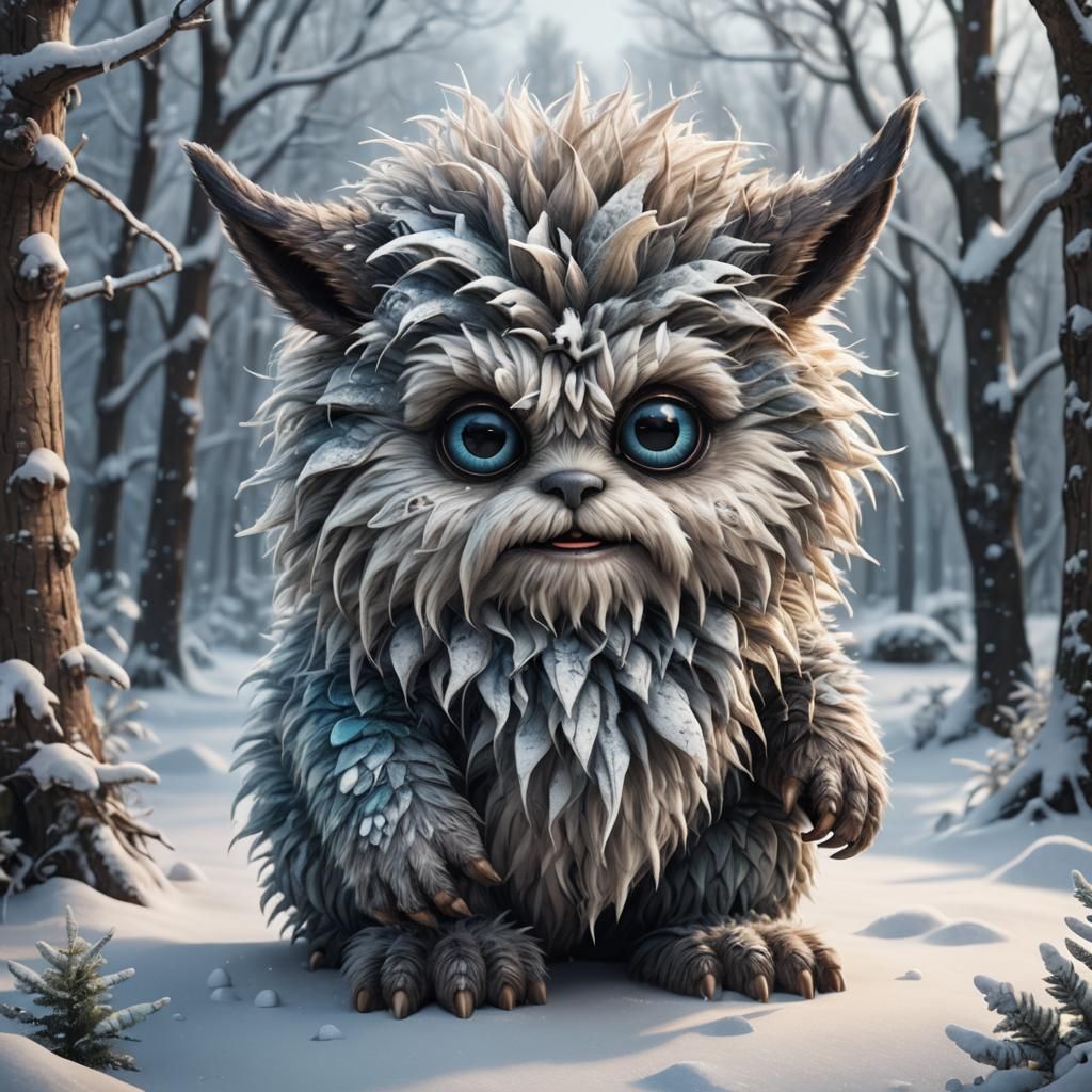 Adorable Fur Monster in Winter: Hyperrealistic Digital Art