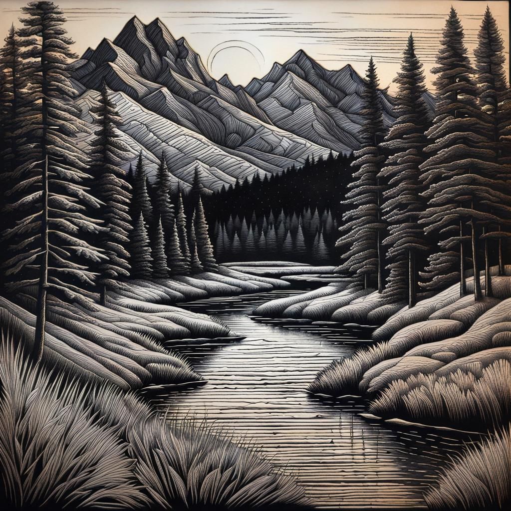 Detailed Sgraffito Landscape in Scratch Art Style