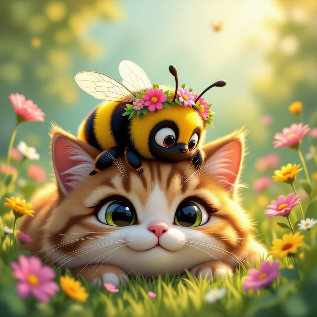 Bumblebee Nap on Cat Head: Cartoon 3D Art