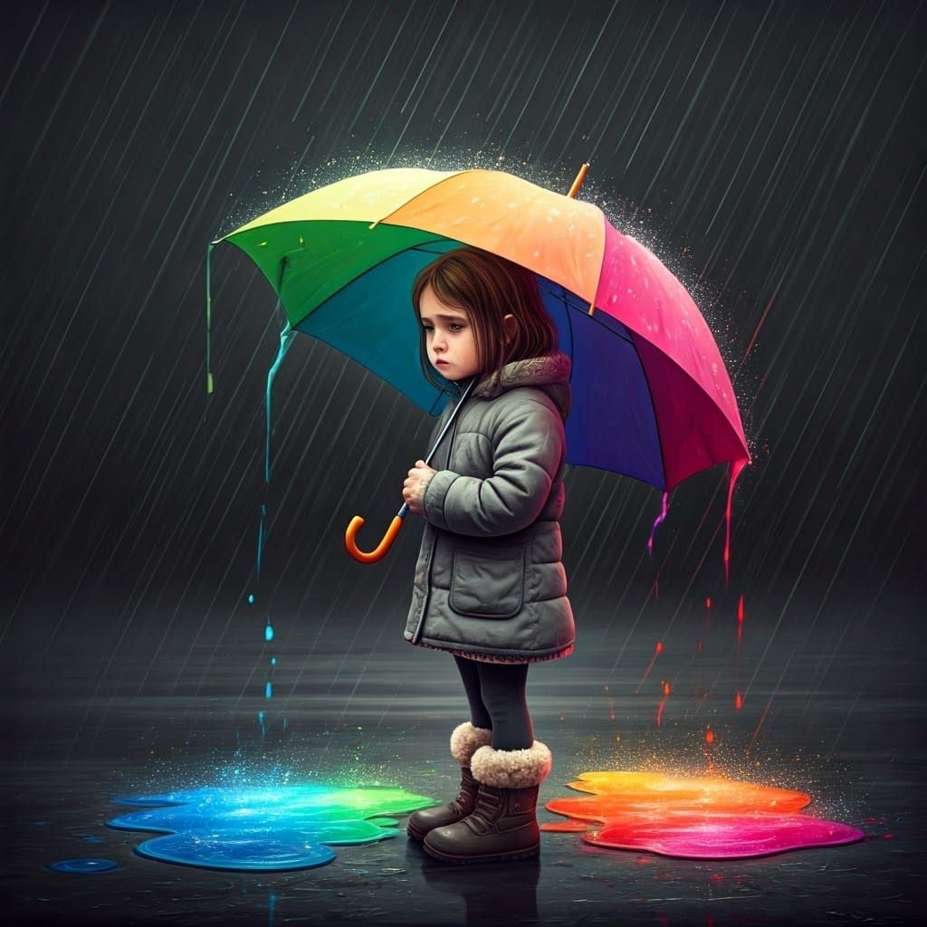 Young Girl Finds Hope in Colorful Umbrella on a Gray Rainy D...